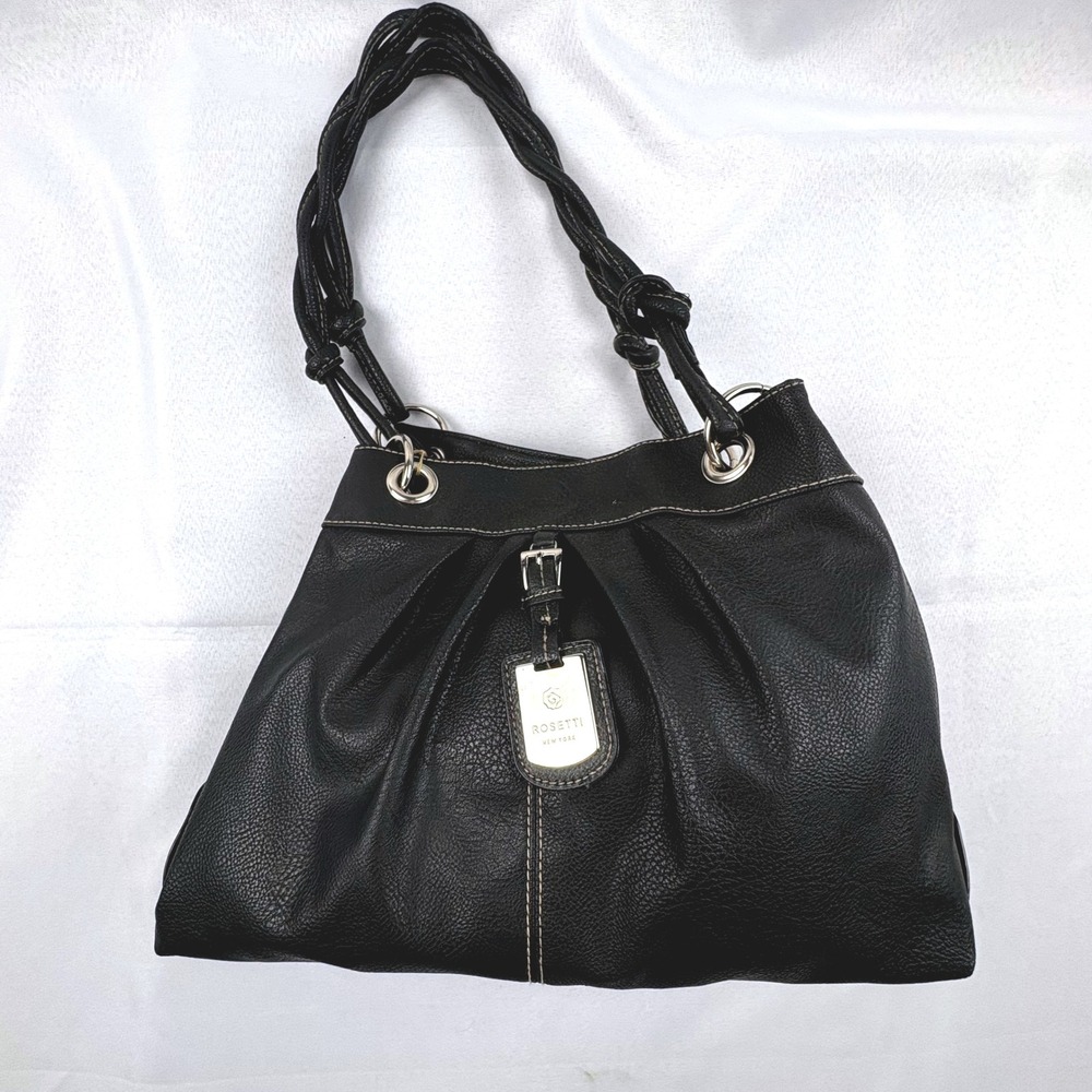 Rosetti Black Faux Leather Shoulder Bag Braided Handle Buckle Accent‎ Daily Use